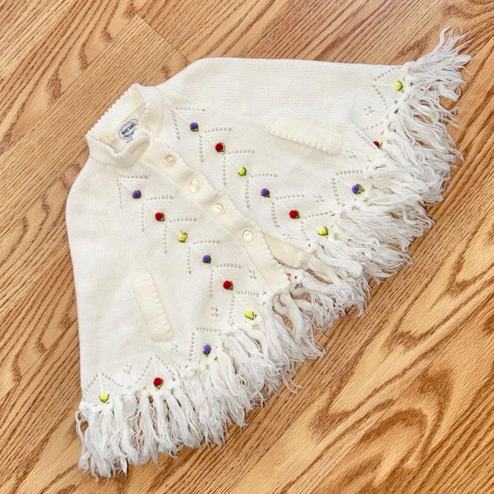 Vintage 70s May Knit Fringe Poncho Cape Kids 2/4 Ivory Knit Boho